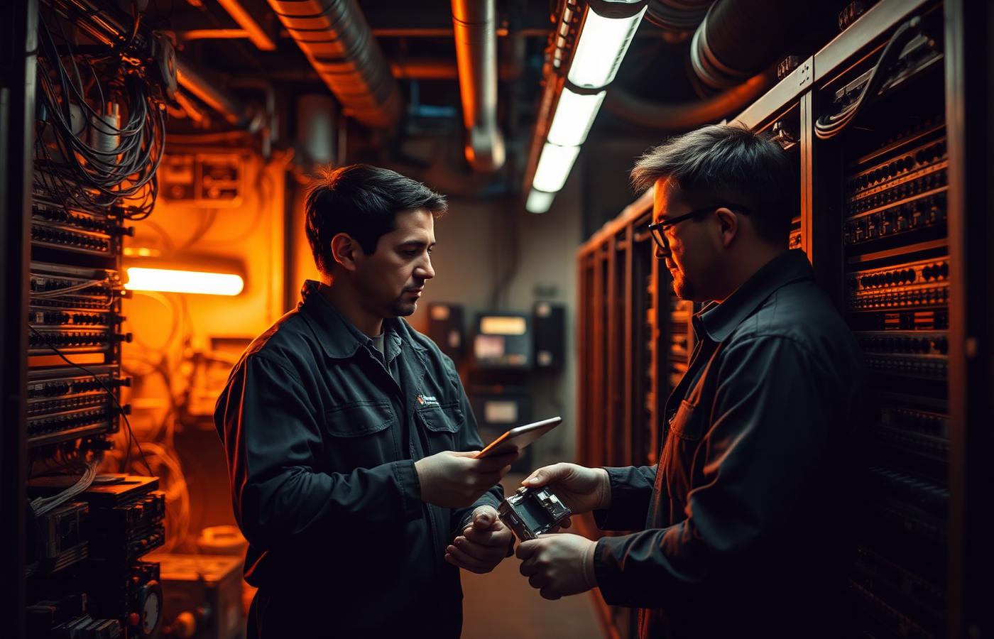 Fiber technicians working in a telecommunications equipment room