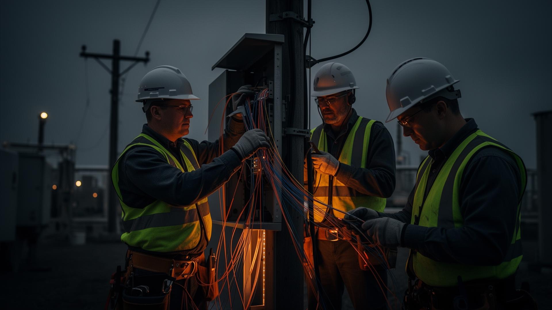 Field crew installing fiber optic cabling at dusk